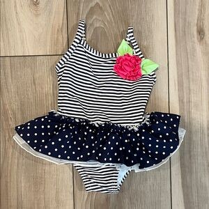 Little Me Navy & White Striped Baby Swimsuit with Pink Flower 6-9 months